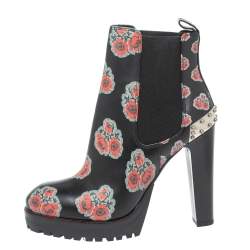 Pre Owned Alexander McQueen Black Leather Poppy Flower Print Ankle Boots Size 38