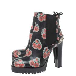 Pre Owned Alexander McQueen Black Leather Poppy Flower Print Ankle Boots Size 38