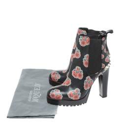 Pre Owned Alexander McQueen Black Leather Poppy Flower Print Ankle Boots Size 38
