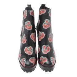 Pre Owned Alexander McQueen Black Leather Poppy Flower Print Ankle Boots Size 38