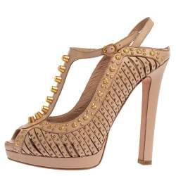 Pre Owned Alexander McQueen Beige Leather Studded Slingback Platform Sandals Size 38