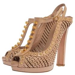 Pre Owned Alexander McQueen Beige Leather Studded Slingback Platform Sandals Size 38