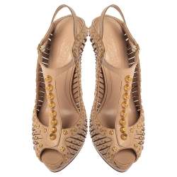 Pre Owned Alexander McQueen Beige Leather Studded Slingback Platform Sandals Size 38