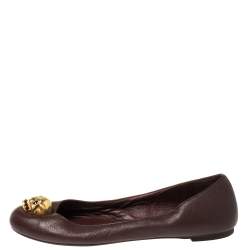 Pre Owned Alexander McQueen Burgundy Leather Skull City Ballet Flats Size 38