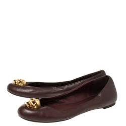 Pre Owned Alexander McQueen Burgundy Leather Skull City Ballet Flats Size 38