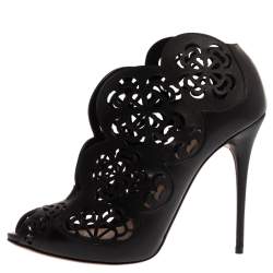 Pre Owned Alexander McQueen Black Floral Laser Cut Leather Peep Toe Booties Size 39