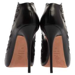 Pre Owned Alexander McQueen Black Floral Laser Cut Leather Peep Toe Booties Size 39