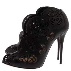 Pre Owned Alexander McQueen Black Floral Laser Cut Leather Peep Toe Booties Size 39
