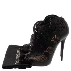 Pre Owned Alexander McQueen Black Floral Laser Cut Leather Peep Toe Booties Size 39
