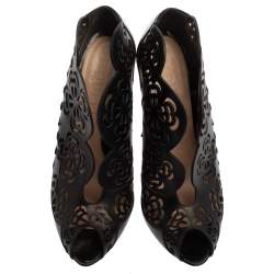 Pre Owned Alexander McQueen Black Floral Laser Cut Leather Peep Toe Booties Size 39