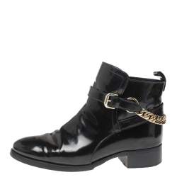 Pre Owned Alexander McQueen Black Leather Chain Detail Buckle Ankle Boots Size 38