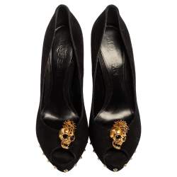 Alexander McQueen Black Suede Skull Embellished Peep Toe Pump Size 40.5