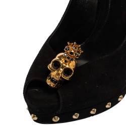 Alexander McQueen Black Suede Skull Embellished Peep Toe Pump Size 40.5