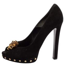 Alexander McQueen Black Suede Skull Embellished Peep Toe Pump Size 40.5