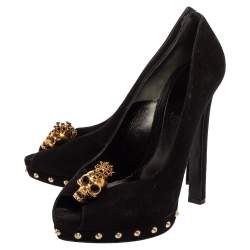 Alexander McQueen Black Suede Skull Embellished Peep Toe Pump Size 40.5