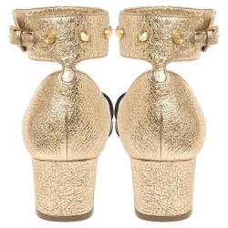 Pre Owned Alexander McQueen Gold/Black Leather Studded Ankle Wrap Sandals 39