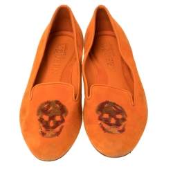 Pre Owned Alexander McQueen Orange Suede Skull Smoking Slippers Size 37