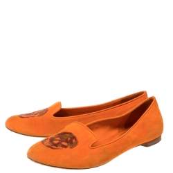 Pre Owned Alexander McQueen Orange Suede Skull Smoking Slippers Size 37