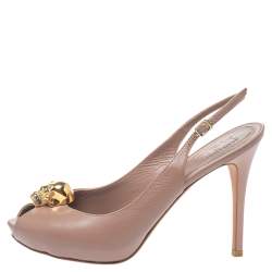 Pre Owned Alexander McQueen Brown Leather Skull Slingback Peep Toe Sandals Size 36