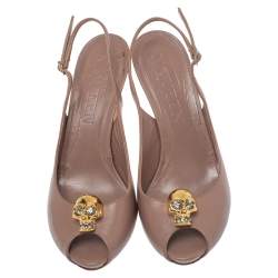 Pre Owned Alexander McQueen Brown Leather Skull Slingback Peep Toe Sandals Size 36