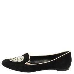 Pre Owned Alexander McQueen Black Suede Leather Sequins Skull Embellished Smoking Slippers Size 38.5