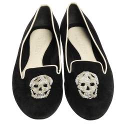 Pre Owned Alexander McQueen Black Suede Leather Sequins Skull Embellished Smoking Slippers Size 38.5