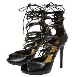 Pre Owned صندل أليكساندر ماكوين جلد أسود مقدمة مفتوحة برباط مقاس 39