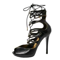 Pre Owned صندل أليكساندر ماكوين جلد أسود مقدمة مفتوحة برباط مقاس 39