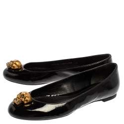 Pre Owned Alexander McQueen Black Patent Leather Embellished Skull City Ballet Flats Size 36