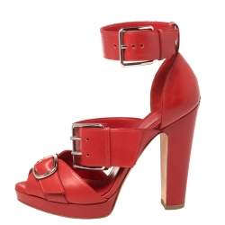 Alexander McQueen  Red Leather Buckle Strappy Platform Sandals Size 38.5