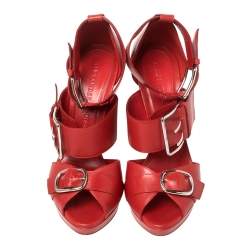 Alexander McQueen  Red Leather Buckle Strappy Platform Sandals Size 38.5