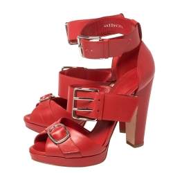 Alexander McQueen  Red Leather Buckle Strappy Platform Sandals Size 38.5