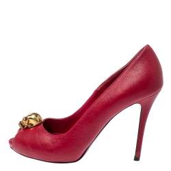 Alexander McQueen Red Leather Skull Pumps Size 37