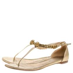 Alexander McQueen Gold Leather Skull Chain Thong Flat Sandals Size 39