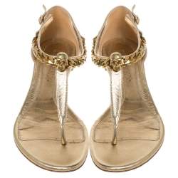 Alexander McQueen Gold Leather Skull Chain Thong Flat Sandals Size 39