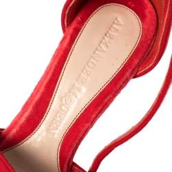 Pre Owned Alexander McQueen Red Velvet Horn Heel Ankle Strap Platform Sandals Size 36