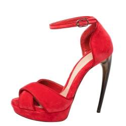 Pre Owned Alexander McQueen Red Velvet Horn Heel Ankle Strap Platform Sandals Size 36
