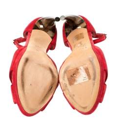 Pre Owned Alexander McQueen Red Velvet Horn Heel Ankle Strap Platform Sandals Size 36