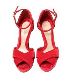 Pre Owned Alexander McQueen Red Velvet Horn Heel Ankle Strap Platform Sandals Size 36