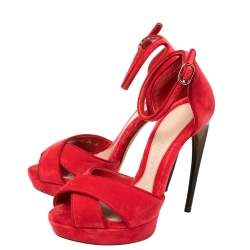 Pre Owned Alexander McQueen Red Velvet Horn Heel Ankle Strap Platform Sandals Size 36