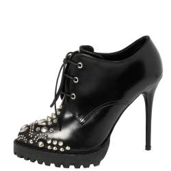 Pre Owned Alexander McQueen Black Leather Studded Ankle Boots Size 36