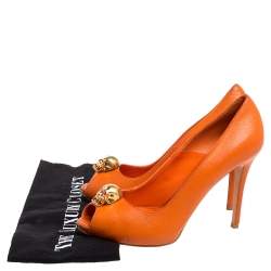 Pre Owned Alexander McQueen Orange Leather Skull Peep Toe Pumps Size 37.5