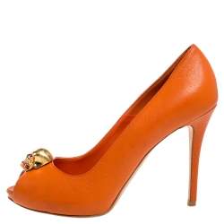 Pre Owned Alexander McQueen Orange Leather Skull Peep Toe Pumps Size 37.5