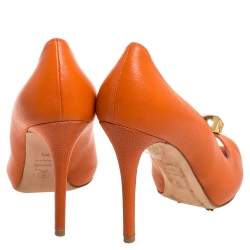 Pre Owned Alexander McQueen Orange Leather Skull Peep Toe Pumps Size 37.5