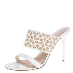 Pre Owned Alexander McQueen White/Beige Leather Laser Cut Sandals Size 40