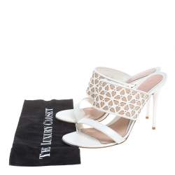 Pre Owned Alexander McQueen White/Beige Leather Laser Cut Sandals Size 40