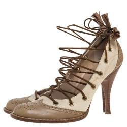 Pre Owned Alexander McQueen Beige Brogue Leather And Canvas Lace Pumps Size 38.5