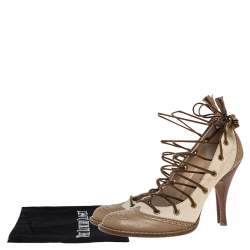 Pre Owned Alexander McQueen Beige Brogue Leather And Canvas Lace Pumps Size 38.5