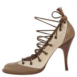 Pre Owned Alexander McQueen Beige Brogue Leather And Canvas Lace Pumps Size 38.5