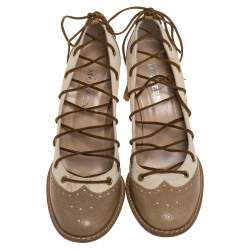 Pre Owned Alexander McQueen Beige Brogue Leather And Canvas Lace Pumps Size 38.5